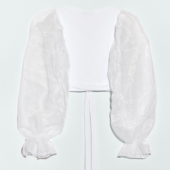 NWT Zara white wrap top with sheer organza puff sleeve - Picture 4 of 10